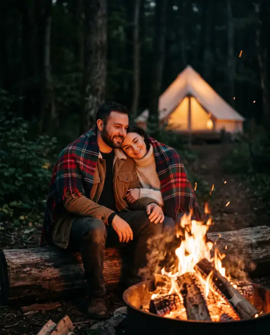 Create a photo of a couple sitting close together on a log beside a campfire at night, sharing a single plaid blanket wrapped around both of their shoulders. The man is wearing a brown corduroy jacket and the woman is in a cream turtleneck with her head resting gently on his shoulder. Both are looking into the fire with soft, peaceful smiles. The camera is at eye level, slightly to the side, with a shallow depth of field. Warm orange firelight glows across their faces while the background shows a dark forest and a faint tent lit from within. Romantic, cozy, cinematic mood with warm golden tones. Shot with an 85mm lens. Use aspect ratio 4:5.
