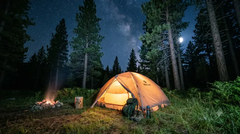 Create a photo of a small dome tent glowing warmly from the light inside, set up in a forest clearing at night. The tent is a muted orange color and sits on a grassy patch surrounded by tall pine trees. A faint campfire glows nearby to one side. The camera is positioned at a low wide angle to capture the tent, the trees, and a sky full of stars above. The warm glow from inside the tent contrasts beautifully with the deep blue night and cool moonlight on the trees. Peaceful, atmospheric mood with a balance of warm and cool tones. Shot with a 24mm lens. Use aspect ratio 16:9.
