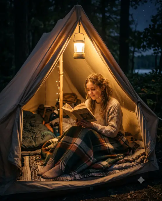 Create a photo of a young woman sitting inside an open tent at night, reading a book by the light of a hanging camping lantern. She is wearing a soft oatmeal-colored sweater and is wrapped in a wool blanket with her knees pulled up. Her expression is relaxed and absorbed in the book. The camera is positioned just outside the tent at eye level, looking in, with a shallow depth of field. The warm lantern light glows across her face and the pages while the surrounding night is dark and soft. Quiet, cozy, intimate mood with warm golden lighting. Shot with a 50mm lens. Use aspect ratio 4:5.