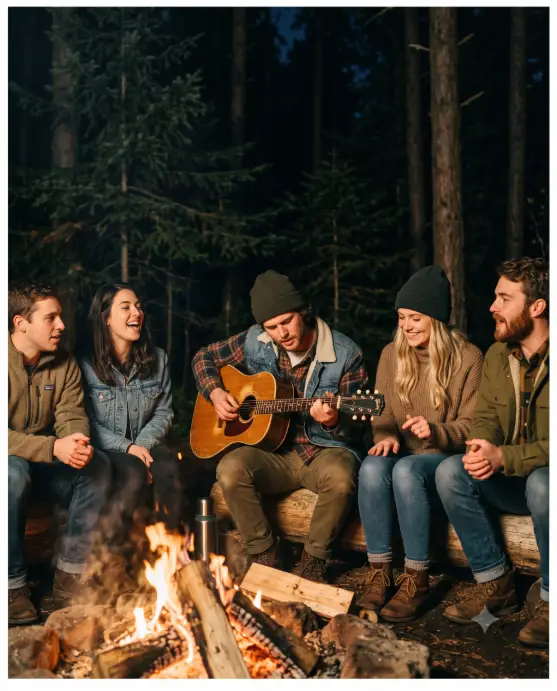 Create a photo of a small group of friends gathered around a campfire at night, with one young man playing an acoustic guitar while the others listen and sing along. They are dressed in casual outdoor clothing like denim jackets, flannels, and beanies. The guitar player is leaning slightly forward, focused on the strings, while a friend beside him taps along. The camera is at eye level, capturing the group from a slight side angle with the fire glowing in the foreground. Warm firelight dances across their faces against a dark forest backdrop. Candid, warm, nostalgic mood with rich amber tones. Shot with a 35mm lens. Use aspect ratio 4:5.
