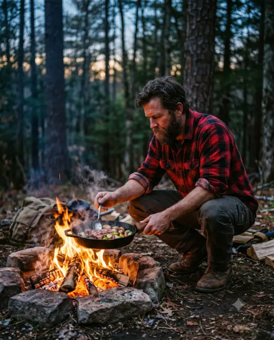 Create a photo of a man crouched beside a campfire at dusk, cooking food in a black cast iron skillet held over the flames. He is wearing a rolled-up flannel shirt, dark trousers, and sturdy boots, with a focused expression as he tends the pan. Steam and a little smoke rise from the skillet. The camera is positioned slightly low and to the side, capturing him, the fire, and the skillet in sharp focus with a blurred forest background. The warm firelight and the last bit of orange dusk light blend together across the scene. Rugged, authentic, outdoorsy mood with warm earthy tones. Shot with a 35mm lens. Use aspect ratio 4:5.
