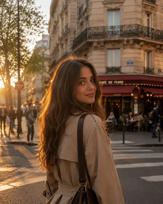 Create a photo of a young woman on a Parisian street corner at golden hour, captured from behind as she glances back over her shoulder at the camera with a soft, knowing smile. She has long, loosely waved brown hair and wears a beige trench coat with a dark leather bag strap across her shoulder. Behind her, a classic Haussmann-style corner building rises with wrought-iron balconies, and a café with a red awning and outdoor tables sits at street level with blurred pedestrians nearby. Low warm sunlight filters down a tree-lined avenue, catching her hair. Shoot at eye level with shallow depth of field. Warm golden tones with a romantic, cinematic city mood. Use aspect ratio 4:5.