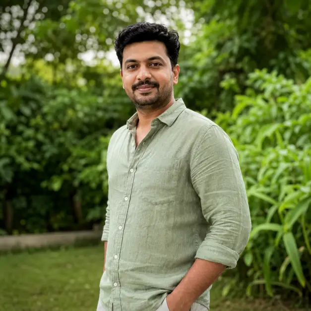 Create a natural outdoor portrait of a man in his 30s standing in front of lush greenery, framed from the chest up. He stands with one hand in his pocket, head turned toward the camera with a gentle smile. He wears a sage green linen shirt with the top button open and sleeves slightly rolled. Shoot at eye level with a shallow depth of field. Soft, diffused daylight on an overcast day gives even, flattering light with no harsh shadows. The background is densely blurred green foliage with hints of dappled light. The style is fresh, organic lifestyle photography with true-to-life colors. Use aspect ratio 1:1.