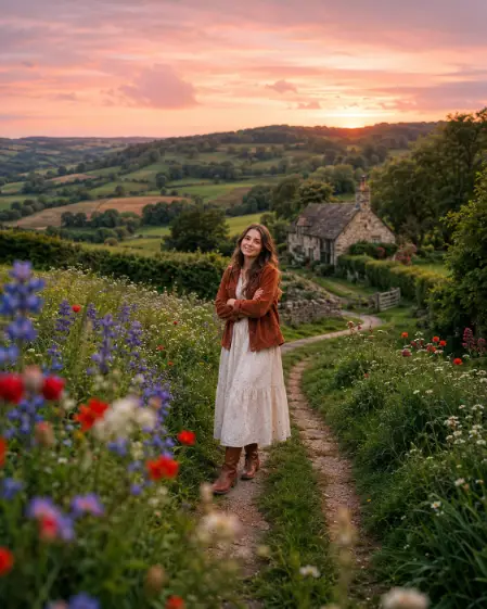 Create a photo of a woman standing on a narrow winding dirt lane through rolling green English countryside at sunset, facing the camera with a relaxed happy expression, arms loosely crossed. She is wearing a rust-colored corduroy jacket over a cream dress with brown leather boots. Colorful wildflowers in red, purple, and white fill the softly blurred foreground, and behind her the hills roll toward a distant stone cottage under a pink and peach sky. The camera is at chest height from up the slope. Lush greens with warm sunset pastels, idyllic storybook mood, fine art countryside portrait. Use aspect ratio 4:5.