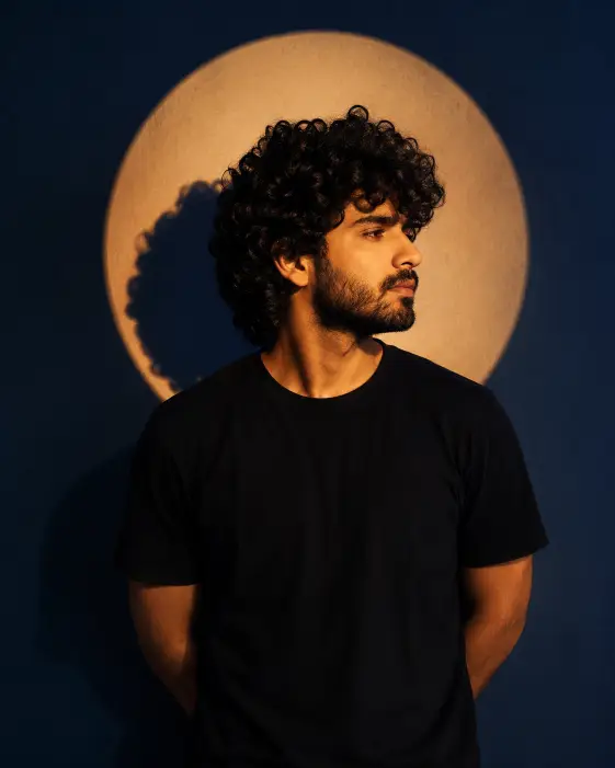 Create a moody studio portrait of a young man standing against a deep navy blue wall lit by a single warm circular spotlight behind his head, creating a glowing halo of light with his shadow cast inside the circle. He has voluminous dark curly hair and a short beard, wearing a plain black crew-neck t-shirt with his hands relaxed behind his back. His face is turned to the side in a calm, thoughtful profile while his body faces the camera. Shoot at chest level, centered composition. Strong contrast between the warm spotlight and the cool dark surroundings, with cinematic shadows and rich texture in his hair. Use aspect ratio 4:5.