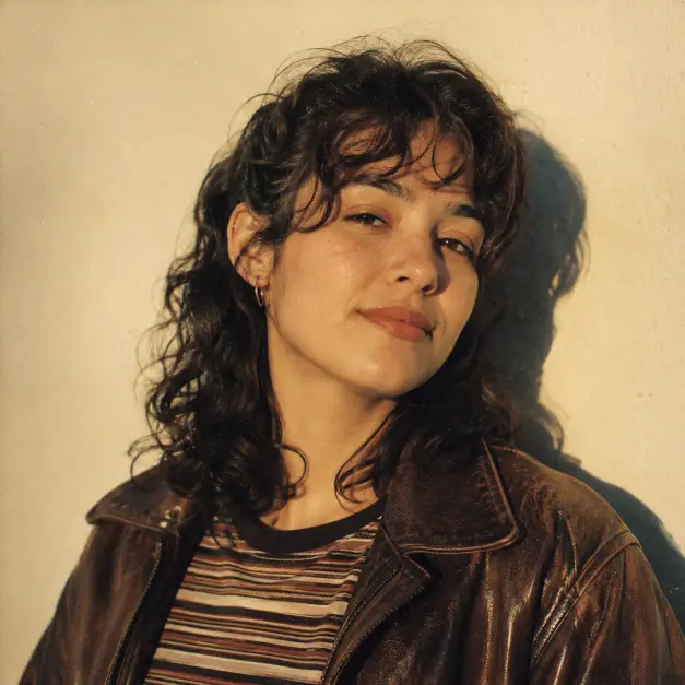 Create a retro film-style portrait of a woman in her 20s, framed from the shoulders up. She is leaning against a plain wall, looking at the camera with a laid-back half smile. She wears a vintage brown leather jacket over a striped t-shirt, hair in loose curls with minimal makeup. Shoot at eye level. The image mimics 35mm film with visible grain, slightly muted warm colors, and soft contrast. Lighting is natural late-afternoon sunlight casting a soft shadow on the wall behind her. The background is a plain cream-colored wall. The style is nostalgic 90s film photography. Use aspect ratio 1:1.