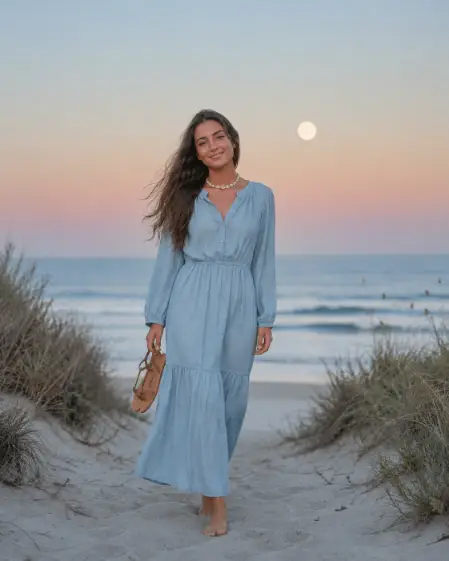 Create a photo of a young woman standing barefoot on a sandy path between grassy dunes leading to the ocean, facing the camera with a peaceful smile, holding her sandals in one hand. She is wearing a flowing pale blue linen dress with a delicate shell necklace and windswept hair. Behind her, gentle waves roll under a pastel gradient sky of soft blue fading into peach, with a full moon glowing above the horizon. Soft even twilight lighting. The camera is at eye level on the path. Muted pastel palette, calm minimalist coastal aesthetic, dreamy fine art photography. Use aspect ratio 4:5.