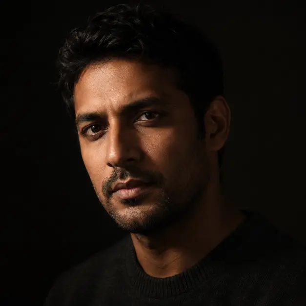 Create a dramatic studio portrait of a man in his 30s, framed tightly from the shoulders up. He faces the camera at a slight angle with a serious, thoughtful expression, jaw relaxed. He wears a charcoal crew-neck sweater, short dark hair and light stubble. Shoot at eye level with a shallow depth of field. Lighting is classic Rembrandt style, a single soft light from the upper left creating a small triangle of light on the shadowed cheek. The background is deep matte black with no visible details. The style is classic fine art portraiture with rich contrast and natural skin texture. Use aspect ratio 1:1.