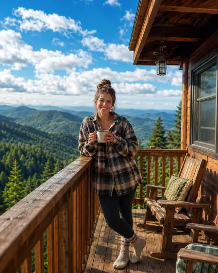 Create a photo of a woman leaning back against the wooden railing of a mountain cabin deck, facing the camera with a bright relaxed smile, holding a mug of coffee with both hands. She is wearing an oversized flannel shirt over leggings with wool socks and a messy bun. Behind and below her, layers of lush green forested mountains roll into the distance under a vivid blue sky with puffy white clouds. Crisp morning sunlight. The camera is at eye level on the deck. Fresh greens and warm wood tones, cozy vacation morning mood, lifestyle travel photography. Use aspect ratio 4:5.