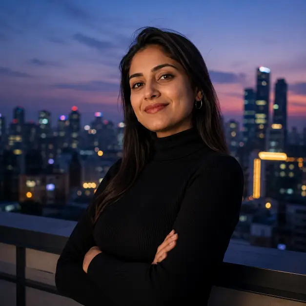 Create a portrait of a woman in her early 30s on a rooftop terrace at dusk, framed from the chest up. She stands with her arms loosely crossed, looking at the camera with a confident, relaxed smile. She wears a fitted black turtleneck with small silver hoop earrings, hair straight and down. Shoot at eye level with a shallow depth of field. Soft blue-hour light fills the scene, with warm city lights beginning to glow behind her. The background is a blurred skyline of high-rise buildings under a purple-blue evening sky. The style is modern, cinematic, and aspirational. Use aspect ratio 1:1.