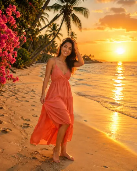 Create a photo of a woman standing on the wet sand of a tropical beach at sunset, facing the camera with a warm glowing smile, one hand holding her hair against the sea breeze. She is wearing a flowing coral beach dress with thin straps, barefoot with an anklet. Tall palm trees lean over the shoreline behind her, pink bougainvillea blooms frame the left edge of the shot, and the sun melts into the sea leaving a golden reflection across gentle waves and footprints in the sand. The camera is at eye level down the beach. Warm golds and lush greens with pops of pink, blissful island paradise mood, travel editorial photography. Use aspect ratio 4:5.