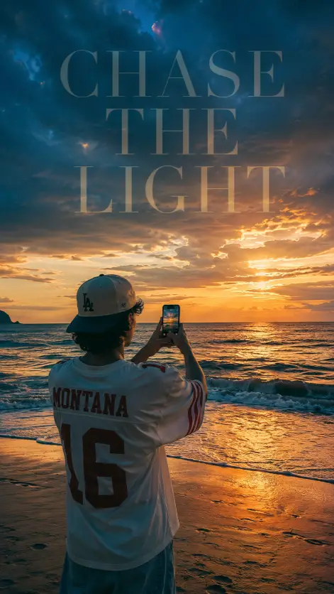 Create a photo of a young man standing at the edge of the ocean at sunset, captured from behind as he holds up his phone with both hands to photograph the dramatic sky. He wears a cream baseball cap turned slightly and a retro white football jersey with red lettering and a large number on the back. Waves roll in softly in front of him under a sweeping sky of deep blue clouds broken by golden light. Shoot at a low angle from a few steps behind him. Add an elegant serif text overlay in the upper third of the sky reading a short title in large translucent letters that blend into the clouds. Cinematic teal and gold tones with a nostalgic, storytelling mood. Use aspect ratio 9:16.