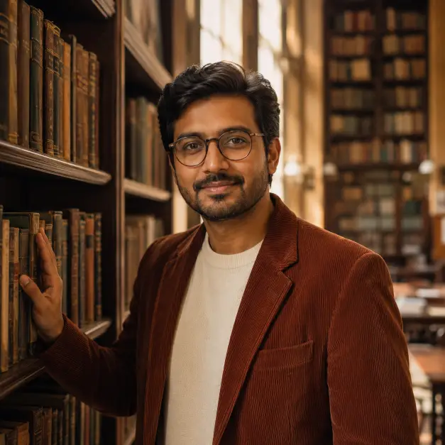 Create a warm portrait of a man in his 30s in a classic library, framed from the chest up. He stands beside a tall wooden bookshelf, one hand resting on a shelf, looking at the camera with a calm, intelligent smile. He wears a rust-brown corduroy blazer over a cream sweater, with round glasses and neatly combed hair. Shoot at eye level with a shallow depth of field. Lighting is soft and warm, like sunlight through tall library windows. The background shows blurred rows of old books in deep browns and greens. The style is warm, scholarly, and editorial. Use aspect ratio 1:1.