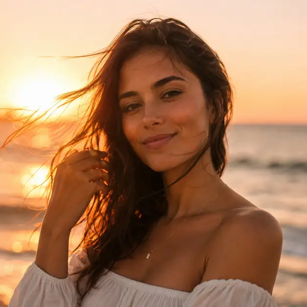 Create a sunset portrait of a woman in her 20s at the beach, framed from the shoulders up. She is looking at the camera with a soft smile, hair gently blowing in the sea breeze, one hand holding strands away from her face. She wears a white off-shoulder top with a thin gold necklace, skin with a light sun-kissed glow. Shoot at eye level with a shallow depth of field. The warm setting sun behind her creates a golden backlight and soft lens flare. The background is a blurred ocean horizon in orange, pink, and soft peach tones. The style is dreamy lifestyle photography. Use aspect ratio 1:1.