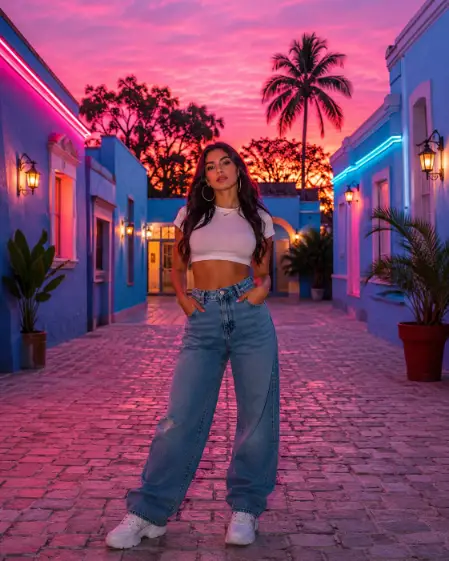 Create a photo of a stylish young woman standing in the middle of a cobblestone courtyard lined with pastel blue buildings glowing with pink and teal neon accent lighting at sunset, facing the camera with a confident look. She is wearing a fitted white crop top with high-waisted wide-leg jeans, chunky sneakers, and gold hoop earrings. Behind her, silhouetted trees and a single palm stand against a blazing pink and purple sunset sky, with warm lanterns glowing on the walls. The camera is at chest height. Saturated pinks, blues, and neon glow, tropical retro-futuristic vibe, editorial fashion photography. Use aspect ratio 4:5.