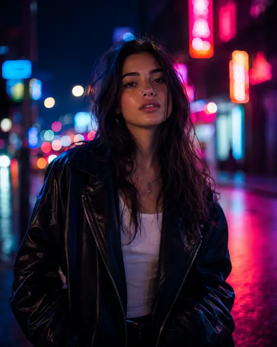Create a night portrait of a young woman standing on a city street lit by colorful neon signs, looking directly into the camera with a relaxed, confident expression. She wears an oversized black leather jacket over a white top, silver jewelry, and her dark hair loose with soft waves catching pink and blue reflections. Behind her, out-of-focus neon storefront signs glow in magenta, cyan, and orange, creating large round bokeh circles. Shoot at eye level, framed from the waist up with shallow depth of field. Her face is softly lit by the mixed neon glow with a subtle sheen on her skin. Moody, cinematic night tones with vibrant color contrast. Use aspect ratio 4:5.