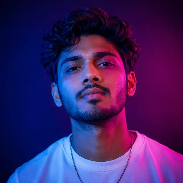 Create a creative studio portrait of a man in his 20s, framed from the shoulders up. He faces the camera directly with a neutral, confident expression and a slight head tilt. He wears a plain white t-shirt with a simple silver chain. Shoot at eye level with a shallow depth of field. Lighting uses colored gels, deep blue from the left and vivid magenta from the right, meeting softly across his face. The background is a dark studio backdrop with a subtle gradient of both colors. The style is bold, modern, and graphic, with clean sharp focus on the eyes. Use aspect ratio 1:1.