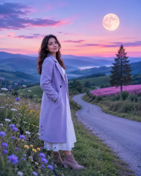 Create a photo of a woman standing at the edge of a quiet country road that winds through green rolling hills at twilight, facing the camera with a calm dreamy expression, hands tucked into the pockets of her long coat. She is wearing a light lavender wool coat over a white dress with ankle boots. Wildflower-speckled grass fills the foreground, a lone pine tree stands by a distant pink flower field, and a huge glowing full moon rises in a soft pink and blue gradient sky over misty layered hills. The camera is at eye level from the grassy slope. Cool pastel palette, quiet surreal twilight mood, fine art photography. Use aspect ratio 4:5.