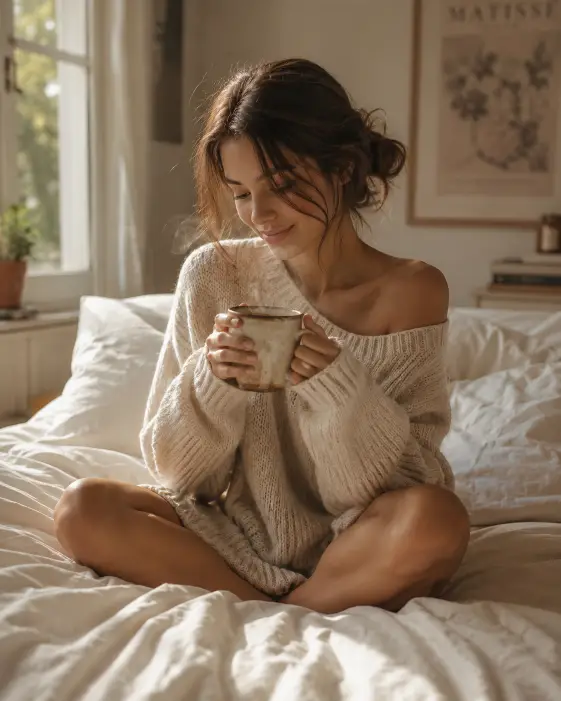 Create a cozy lifestyle photo of a young woman sitting cross-legged on a bed with rumpled white linen sheets, holding a warm ceramic mug of coffee with both hands close to her chest. She wears an oversized cream knit sweater slipping off one shoulder and has messy morning hair tied in a loose low bun with strands falling around her face. She looks down at the mug with a faint, content smile. Soft morning light spills across the bed from a nearby window, catching gentle steam rising from the coffee. Shoot at eye level from the foot of the bed with a shallow depth of field. Warm beige and cream tones with a calm, slow-morning mood. Use aspect ratio 4:5.
