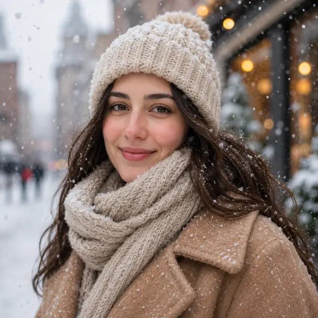Create a winter portrait of a woman in her late 20s outdoors during light snowfall, framed from the shoulders up. She is looking at the camera with a gentle smile, cheeks slightly rosy from the cold. She wears a chunky cream knit scarf wrapped around her neck and a soft camel wool coat, hair down with a knit beanie. Shoot at eye level with a shallow depth of field. Lighting is soft, diffused winter daylight with delicate snowflakes visible in the air. The background is a blurred snowy street with warm glowing shop lights. The mood is cozy, cinematic, and serene. Use aspect ratio 1:1.