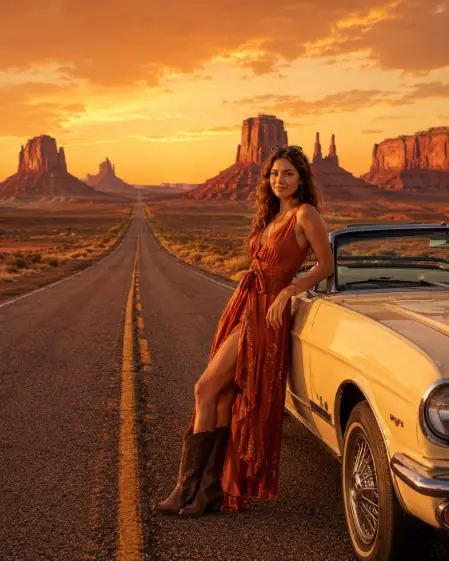 Create a photo of a woman leaning against the door of a cream vintage convertible parked on an endless straight desert highway at golden hour, facing the camera with a cool confident smile. She is wearing a rust-orange flowy dress with brown cowboy boots and retro sunglasses pushed up in her hair. The road stretches behind her toward towering red rock mesas and buttes glowing under an amber sunset sky. Warm directional light with long shadows across the asphalt. The camera is at eye level from the center of the empty road. Rich oranges and desert reds, iconic American road trip aesthetic, cinematic editorial photography. Use aspect ratio 4:5.
