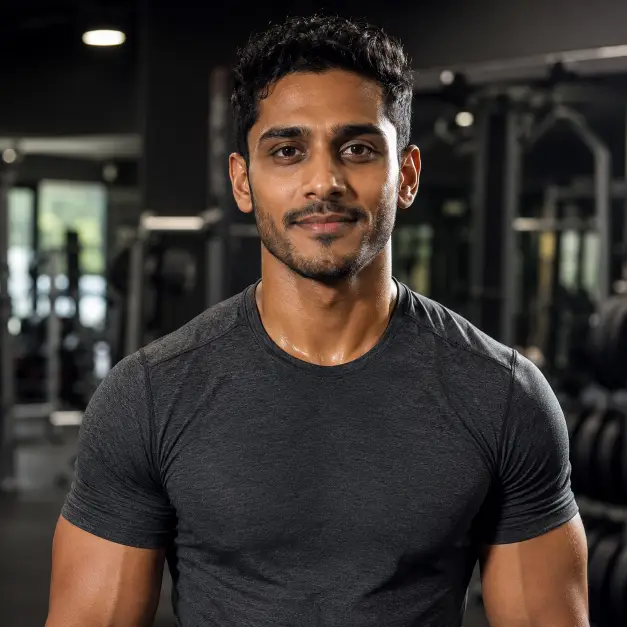 Create an athletic portrait of a man in his 20s, framed from the chest up. He stands with squared shoulders, arms relaxed at his sides, looking at the camera with a focused, friendly expression. He wears a fitted dark gray athletic t-shirt, short hair with a light sheen of effort on his skin. Shoot at eye level with a shallow depth of field. Lighting is crisp directional studio light that defines the shoulders and jawline, with a soft fill to keep shadows clean. The background is a blurred modern gym interior in dark neutral tones. The style is sharp, energetic sports photography. Use aspect ratio 1:1.