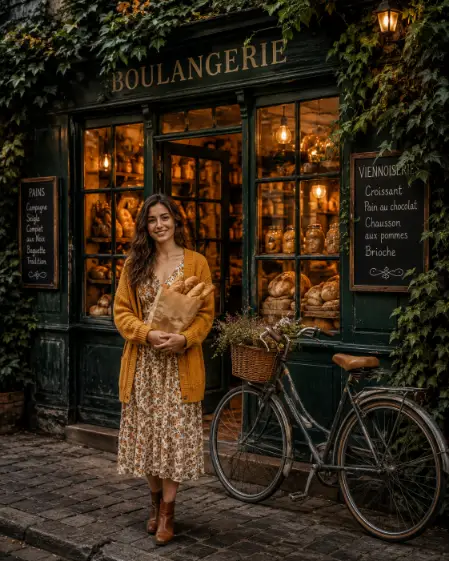 Create a photo of a woman standing in front of a charming vintage bakery with a dark green storefront covered in ivy at dusk, facing the camera with a warm smile, holding a paper bag of fresh bread. She is wearing a mustard yellow cardigan over a floral midi dress with brown ankle boots. Warm golden light glows from the bakery windows filled with loaves and jars, a classic bicycle with a wicker basket leans against the wall beside her, and chalkboard menus hang by the door. The camera is at eye level from the cobblestone street. Warm ambers and deep greens, cozy storybook evening mood, lifestyle editorial photography. Use aspect ratio 4:5.