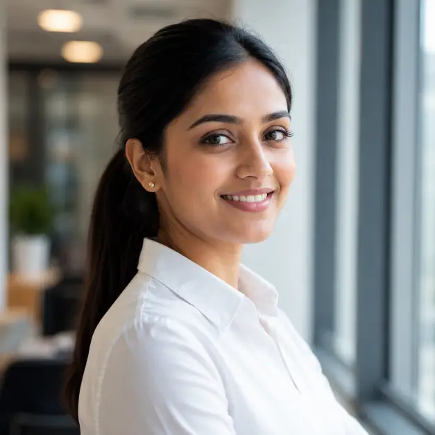 Create a professional portrait of a woman in her late 20s standing near a large office window, framed from the shoulders up. She is angled slightly to the side with her face turned toward the camera, smiling naturally. She wears a crisp white button-down shirt with small gold stud earrings, hair in a smooth low ponytail with light natural makeup. Shoot at eye level with a shallow depth of field. Soft daylight streams in from the window on her right, creating gentle highlights on her face. The background shows a softly blurred modern office interior in neutral tones. The mood is professional, warm, and trustworthy. Use aspect ratio 1:1.