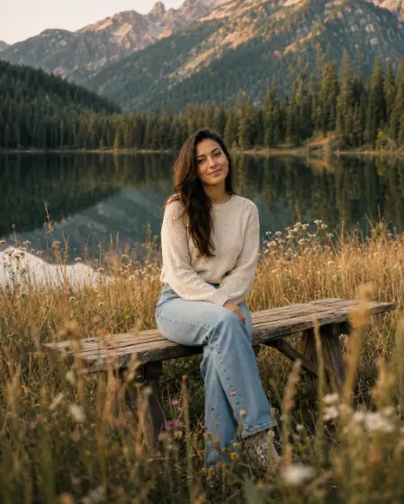 Create a photo of a woman sitting on a rustic wooden bench in a meadow of tall golden wildgrass beside a still mountain lake, facing the camera with a gentle smile, hands resting in her lap. She is wearing a cream knit sweater with light blue jeans and her hair loose over one shoulder. Soft blurred grass and tiny wildflowers fill the foreground, and behind her the dark forested mountains reflect in the calm water under soft morning light. The camera is at eye level with a shallow depth of field. Warm golden tones with deep greens, peaceful cinematic mood, fine art travel photography. Use aspect ratio 4:5.