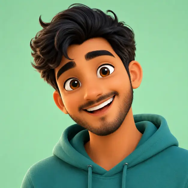Create a 3D cartoon-style avatar of a young man with a friendly, expressive face, framed from the shoulders up. He has large warm brown eyes, thick eyebrows, short dark wavy hair, and a wide cheerful smile. He wears a teal hoodie with the hood down. The head is slightly tilted with an upbeat, welcoming pose. Render in a smooth, polished 3D animation style with soft rounded features, subtle skin shading, and glossy eye highlights. Lighting is soft and warm from the front. The background is a simple solid mint-green color. The overall feel is friendly, playful, and modern. Use aspect ratio 1:1.