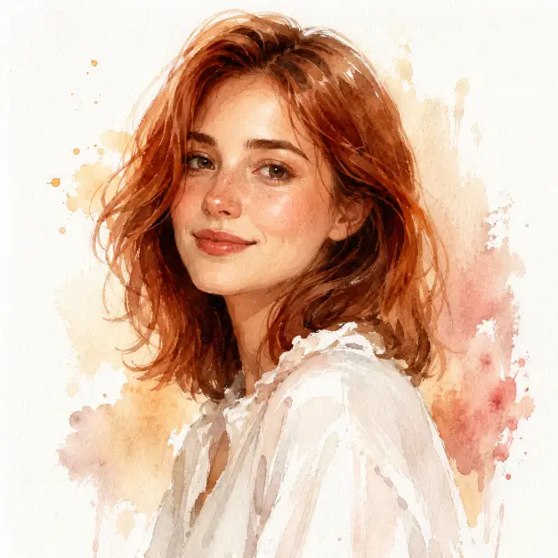 Create a watercolor illustration portrait of a woman with shoulder-length auburn hair, framed from the shoulders up. She is shown in a gentle three-quarter view, eyes looking softly toward the viewer with a calm smile. She wears a loose white blouse with a delicate collar. The painting style uses soft, translucent watercolor washes in warm earth tones, with loose brushstrokes around the edges fading into white paper. Lighting is implied soft daylight from the left, suggested through subtle warm highlights on the face. The background is plain white paper with faint splashes of ochre and rose. The mood is gentle, artistic, and handmade. Use aspect ratio 1:1.