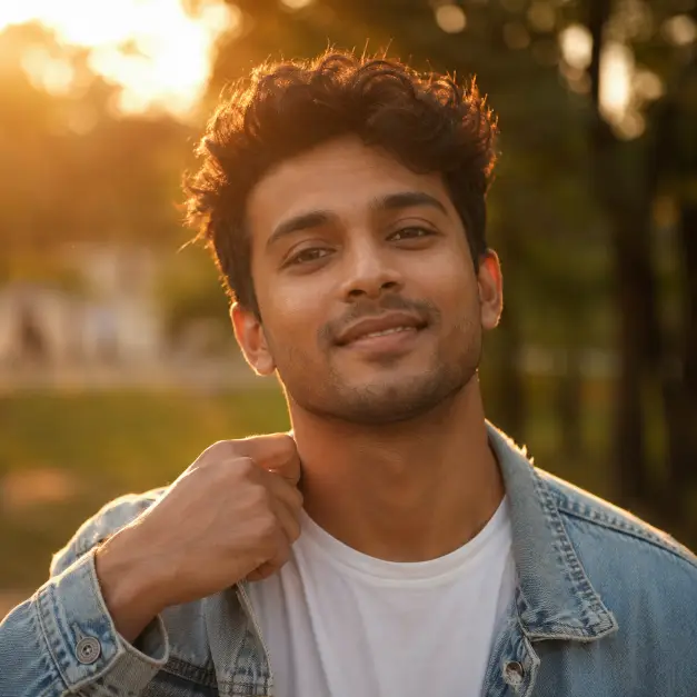 Create a close-up portrait of a young man in his mid 20s outdoors during golden hour, framed from the shoulders up. He is looking directly at the camera with a relaxed, easy smile, one hand casually adjusting the collar of his jacket. He wears a light denim jacket over a plain white t-shirt, with short textured hair. Shoot at eye level with a shallow depth of field. Warm, low sunlight hits his face from the side, creating a soft golden rim light on his hair and shoulder. The background is a softly blurred park with warm amber and green tones. The style is candid lifestyle photography with natural film-like color grading. Use aspect ratio 1:1.