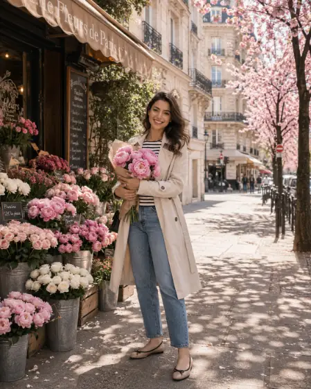 Create a photo of a stylish woman standing on a sunlit Parisian sidewalk in front of a charming flower shop, facing the camera and smiling as she holds a bouquet of pink peonies. She is wearing a cream trench coat over a striped top with straight-leg jeans and ballet flats. Around her, buckets of pink and white roses spill from the storefront, cherry blossom trees line the street in full bloom, and classic Parisian buildings with wrought-iron balconies rise behind. Dappled sunlight falls through the blossoms. The camera is at eye level. Soft pinks and warm stone tones, romantic spring editorial style. Use aspect ratio 4:5.