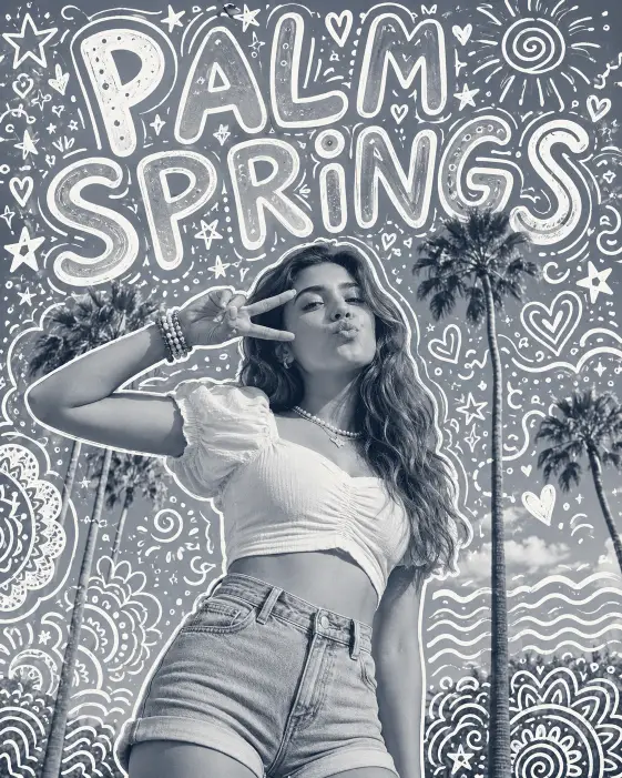 Create a stylized travel photo of a young woman standing in front of tall palm trees, flashing a peace sign near her face and blowing a kiss at the camera. She wears a white puff-sleeve crop top, high-waisted light grey denim shorts with rolled cuffs, layered beaded bracelets, and a pearl necklace, with long wavy hair falling over one shoulder. Shoot at a slightly low angle. Convert the photo to a soft blue-grey monochrome, then cover the entire image with dense hand-drawn white doodle art: large bubble letters spelling PALM SPRINGS across the sky, plus hearts, stars, swirls, mandala patterns, and waves woven around her figure, leaving a clean white outline around her body. The style is a playful illustrated travel poster. Use aspect ratio 4:5.