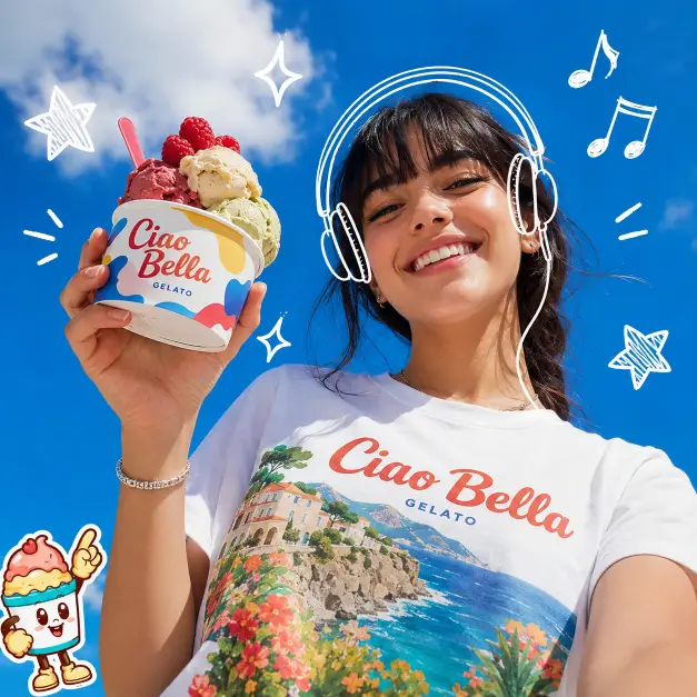 Create a bright pop-art style photo of a smiling young woman shot from a low angle against a vivid blue sky with a few white clouds. She has dark hair with straight bangs and holds up a colorful cup of gelato piled with scoops of vanilla, pistachio, and berry topped with raspberries. She wears a white t-shirt printed with a coastal landscape graphic and playful brand lettering, plus a thin silver bracelet. Add white hand-drawn doodle overlays around her: sketched headphones on her head, music notes, stars, and sparkle marks, along with a small cartoon mascot sticker in one corner. Bright saturated colors, crisp daylight, and a cheerful advertising-campaign energy. Use aspect ratio 1:1.