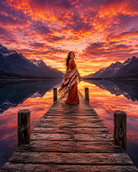 Create a photo of a woman standing at the end of a long weathered wooden jetty over a mirror-still mountain lake at sunset, facing the camera down the length of the jetty with a calm confident expression. She is wearing a long rust-orange knit dress with a blanket shawl draped over her arms, hair moving slightly in the breeze. The sky burns in dramatic orange, pink, and purple clouds that reflect perfectly in the water, with dark mountain silhouettes on both sides. The camera is at chest height at the start of the jetty, using its boards as leading lines toward her. Rich fiery tones, epic symmetrical composition, cinematic travel photography. Use aspect ratio 4:5.