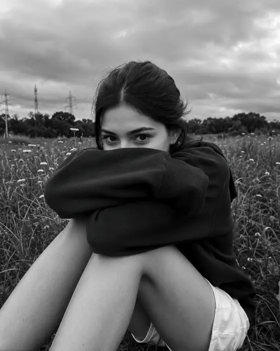 Create a black and white portrait of a young woman sitting in a grassy open field, hugging her knees with both arms folded on top of them and her chin resting on her forearm. Only her eyes and the upper half of her face are visible above her sleeve as she gazes calmly into the camera. She wears an oversized dark sweatshirt and white shorts, with her dark hair pulled back loosely and small earrings visible. Behind her, tall wild grass and scattered wildflowers stretch toward distant trees and power lines under a heavy overcast sky. Shoot at ground level from a close, intimate distance with soft natural light. High-contrast monochrome with rich grey tones and a moody, contemplative feel. Use aspect ratio 4:5.