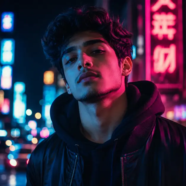 Create a stylish night portrait of a man in his 20s on a city street, framed from the shoulders up. He is looking at the camera with a cool, relaxed expression, chin slightly lowered. He wears a black bomber jacket over a graphic-free dark hoodie. Shoot at eye level with a shallow depth of field. His face is lit by mixed neon light, pink on one side and cyan-blue on the other, with soft reflections in his eyes. The background is a blurred nighttime street with glowing neon signs and bokeh lights. The style is cinematic urban photography with saturated color grading. Use aspect ratio 1:1.