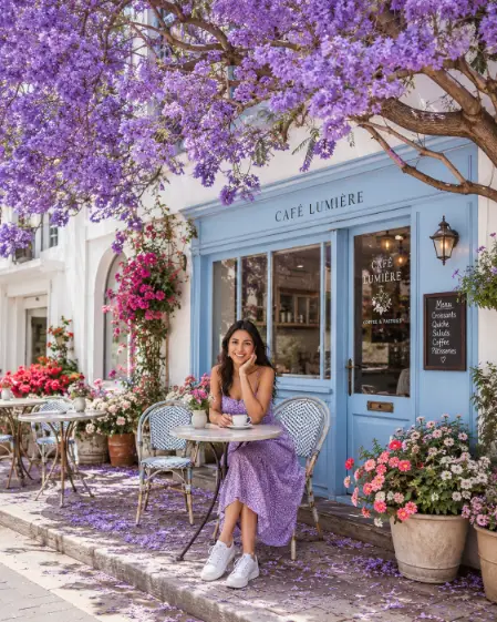 Create a photo of a woman sitting at a small outdoor bistro table in front of a charming powder blue cafe, facing the camera with a warm smile, a cup of coffee in front of her. She is wearing a lavender sundress with white sneakers and small pearl earrings. Above her, a huge jacaranda tree in full purple bloom spreads over the white building, and potted flowers in pinks and reds line the cafe entrance. Bright soft daylight. The camera is at eye level from across the sidewalk. Purple, powder blue, and cream palette, cheerful charming mood, lifestyle editorial photography. Use aspect ratio 4:5.