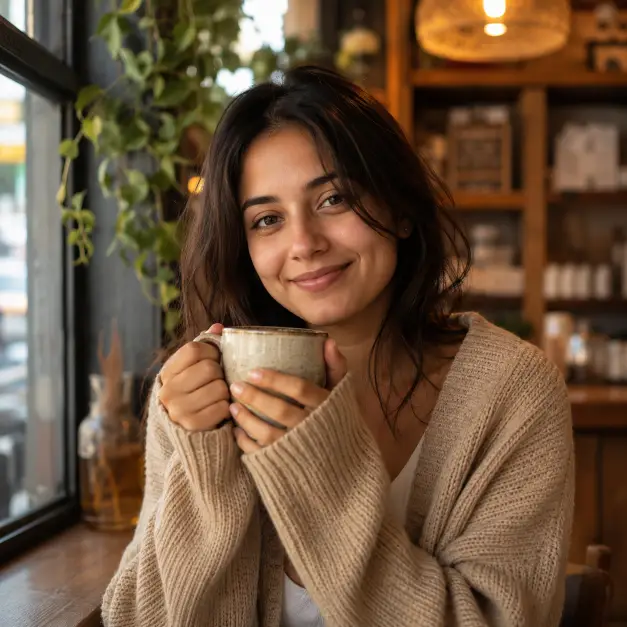 Create a warm candid portrait of a woman in her late 20s sitting by a coffee shop window, framed from the chest up. She is holding a ceramic mug with both hands, looking at the camera with a soft, content smile. She wears an oversized beige cardigan over a white top, hair loosely down with a natural everyday look. Shoot at eye level with a shallow depth of field. Warm afternoon light comes through the window, mixing with the cozy interior lighting. The background shows blurred wooden shelves, hanging plants, and soft café details. The mood is relaxed, warm, and inviting. Use aspect ratio 1:1.