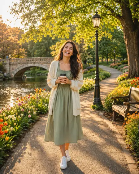 Create a photo of a young woman standing on a winding park path in golden morning light, facing the camera mid-laugh, holding a takeaway coffee cup with both hands. She is wearing a sage green midi dress with a cream cardigan and white sneakers. Behind her, a vintage black lamp post and wooden bench sit beside a calm pond with a stone bridge, and beds of colorful flowers line the path under large leafy trees. Long soft shadows stretch across the walkway. The camera is at eye level. Warm greens and golden light, fresh peaceful morning mood, lifestyle photography. Use aspect ratio 4:5.