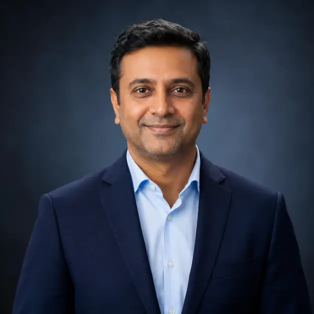 Create a polished corporate headshot of a man in his 40s, framed from the chest up. He is standing straight with his arms relaxed, facing the camera with a composed, approachable smile. He wears a navy blazer over a light blue dress shirt with no tie, short neatly groomed hair and a clean-shaven or lightly stubbled face. Shoot at eye level with a shallow depth of field. Lighting is soft professional studio lighting with a subtle hair light separating him from the background. The background is a softly blurred dark blue-gray gradient. The style is premium corporate photography, sharp and confident. Use aspect ratio 1:1.