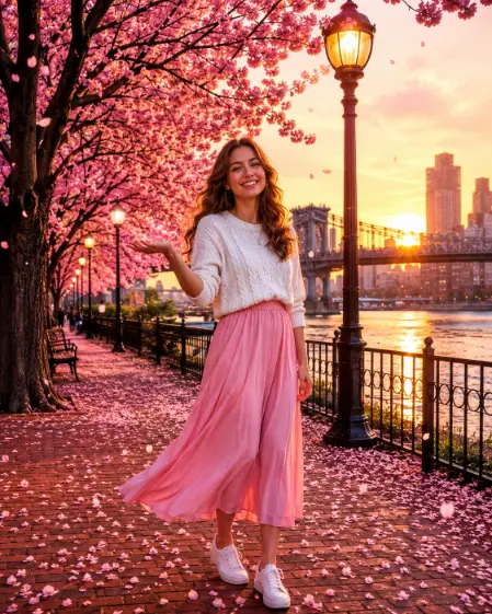 Create a photo of a woman standing on a brick riverside promenade lined with cherry blossom trees in full bloom at sunset, facing the camera with a bright joyful smile, one hand catching falling petals. She is wearing a white knit sweater tucked into a flowing pink midi skirt with white sneakers. Vintage lamp posts glow warmly along the railing, pink petals scatter across the path, and behind her a river bridge and city skyline blaze in golden sunset light. The camera is at eye level on the promenade. Vivid pinks and warm golds, magical spring evening mood, cinematic travel photography. Use aspect ratio 4:5.