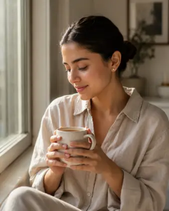 Create a candid portrait of a young woman sitting by a large window in soft morning light, holding a ceramic mug of coffee with both hands. She is wearing a relaxed oatmeal-colored linen shirt with her hair in a sleek low bun and small gold studs in her ears. Her skin looks dewy and fresh with minimal makeup. She is looking down at her cup with a gentle, peaceful expression, body turned toward the window. Shoot at eye level with a shallow depth of field. The lighting is warm, diffused natural light streaming through the window. The background is a softly blurred neutral-toned room. Calm, cozy, clean aesthetic. Use aspect ratio 4:5.
