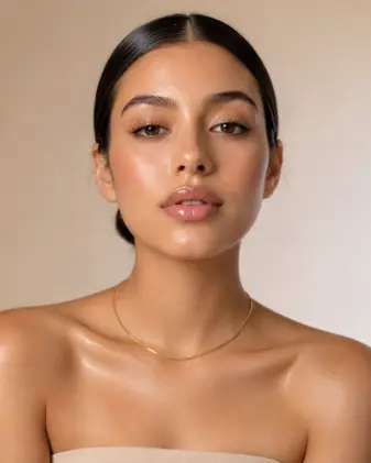 Create a close-up beauty portrait of a young woman with a sleek center-parted low bun and glowing, luminous skin. She has soft brushed-up brows, glossy nude lips, and a fresh, natural makeup look with no heavy contour. She is wearing a strapless beige top so her shoulders and collarbones are bare, with a single thin gold necklace. Her chin is slightly lifted and she gazes directly into the camera with a calm, neutral expression. Shoot straight on at eye level, very close-up, with a shallow depth of field. The lighting is soft and even, like clean studio beauty lighting. The background is a smooth cream gradient. Warm neutral palette, minimal and editorial. Use aspect ratio 4:5.