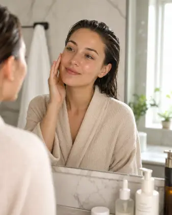 Create a lifestyle portrait of a young woman in a soft beige waffle-knit robe, standing in front of a bathroom mirror touching her cheek as if applying skincare. She has fresh, dewy bare skin, slightly damp slicked-back hair, and small gold studs in her ears. Her expression is calm and content, looking at her reflection. Shoot at eye level, slightly close-up, with a shallow depth of field. The lighting is soft and warm from a window nearby. The background is a clean, minimal bathroom with neutral tones, a marble counter, and a few skincare bottles. Fresh, natural, clean aesthetic. Use aspect ratio 4:5.