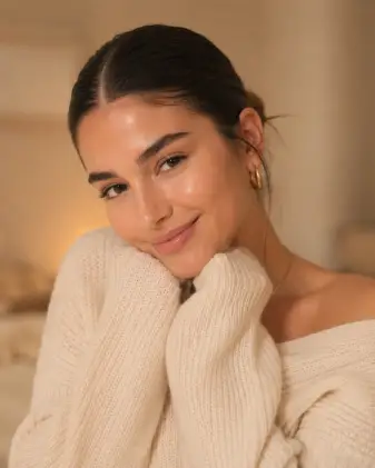 Create a portrait of a young woman wearing a soft cream knit sweater that sits slightly off one shoulder. Her hair is in a sleek low bun with a center part, and she wears thin gold hoops and a dainty necklace. Her skin is dewy with a fresh natural makeup look and glossy lips. She has both hands gently tucked near her chin, head tilted slightly, with a warm soft smile. Shoot at eye level, close-up, with a shallow depth of field. The lighting is soft, golden, and diffused. The background is a warm beige blurred interior. Cozy, neutral, clean girl aesthetic. Use aspect ratio 4:5.