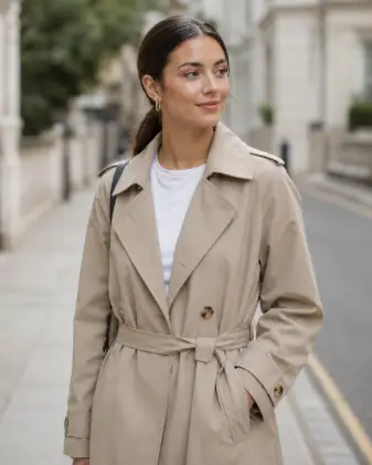 Create a portrait of a young woman wearing a beige belted trench coat over a plain white top, standing on a quiet street. Her hair is in a sleek low ponytail and she wears gold hoops with fresh dewy skin and natural makeup. She is standing with relaxed posture, one hand in her coat pocket, looking softly off to the side with a calm expression. Shoot at eye level with a shallow depth of field. The lighting is soft, overcast daylight. The background is a clean, blurred neutral-toned street with subtle greenery. Minimal, polished, neutral palette. Use aspect ratio 4:5.