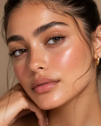 Create an extreme close-up beauty portrait focusing on a young woman's face, highlighting glowing, luminous, dewy skin with visible natural texture. She has soft fluffy brows, glossy nude lips, lightly flushed cheeks, and a single small gold hoop visible. A few baby hairs are softly slicked at her hairline. Her expression is serene with a soft gaze just past the camera. Shoot straight on, very close-up, with a shallow depth of field. The lighting is soft and even, glowing and natural. The background is a smooth warm beige blur. Minimal, fresh, clean beauty aesthetic. Use aspect ratio 4:5.