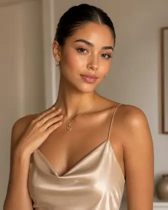 Create a portrait of a young woman wearing a satin champagne-colored slip dress with thin straps. Her hair is in a sleek center-parted low bun and she wears layered delicate gold necklaces and small hoops. Her skin is dewy with a soft glam natural makeup look. She is standing with one hand gently resting on her collarbone, body angled slightly, looking at the camera with a soft, calm expression. Shoot at eye level, close-up, with a shallow depth of field. The lighting is warm, soft, and golden. The background is a clean neutral interior, softly blurred. Elegant, minimal, clean aesthetic. Use aspect ratio 4:5.